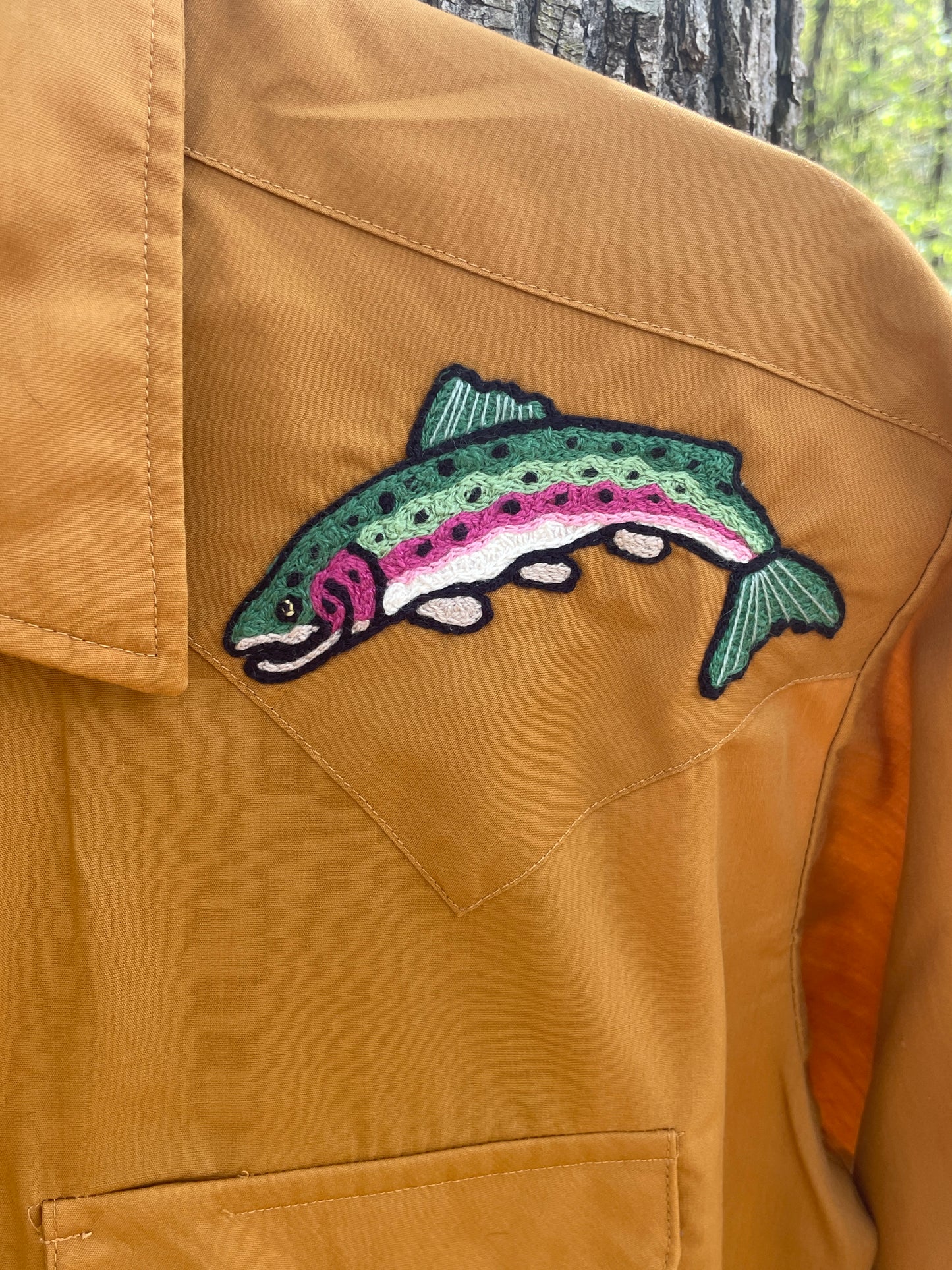 Mustard shirt with rainbow trout